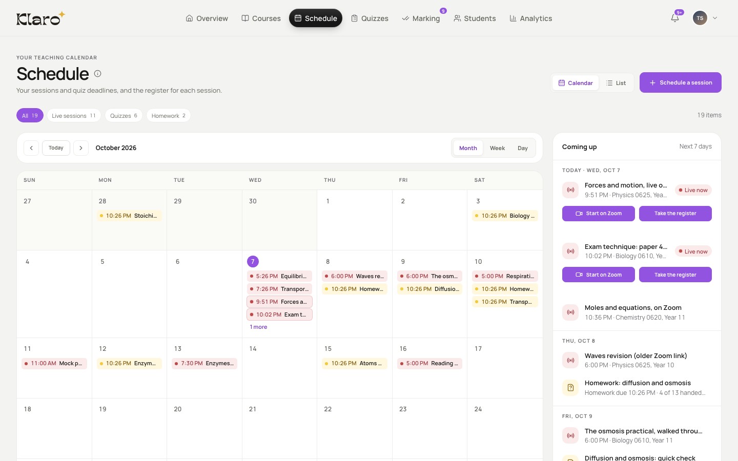 Klaro's teaching calendar on a sample course: live classes, quizzes and homework by day, with the classes coming up beside it