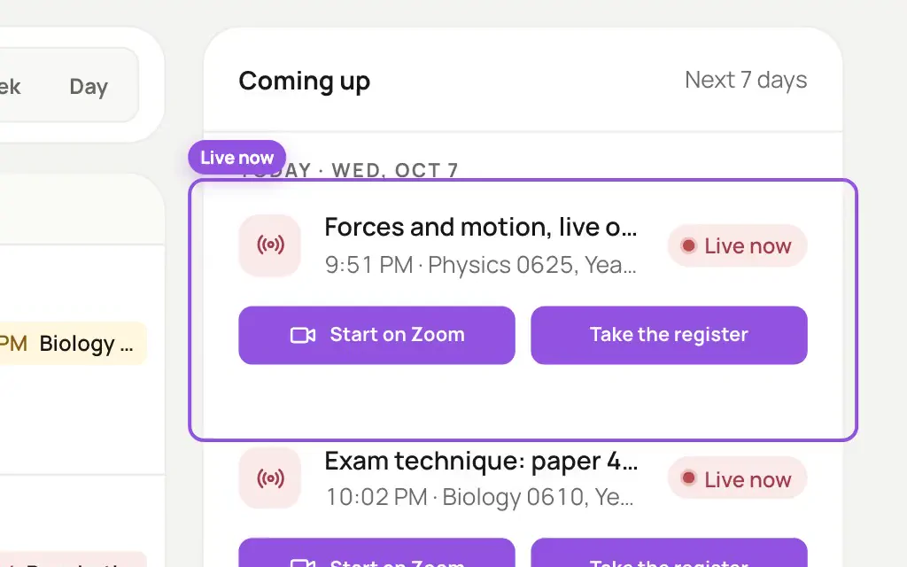 Klaro on a sample course: classes coming up, each with Start on Zoom and Take the register