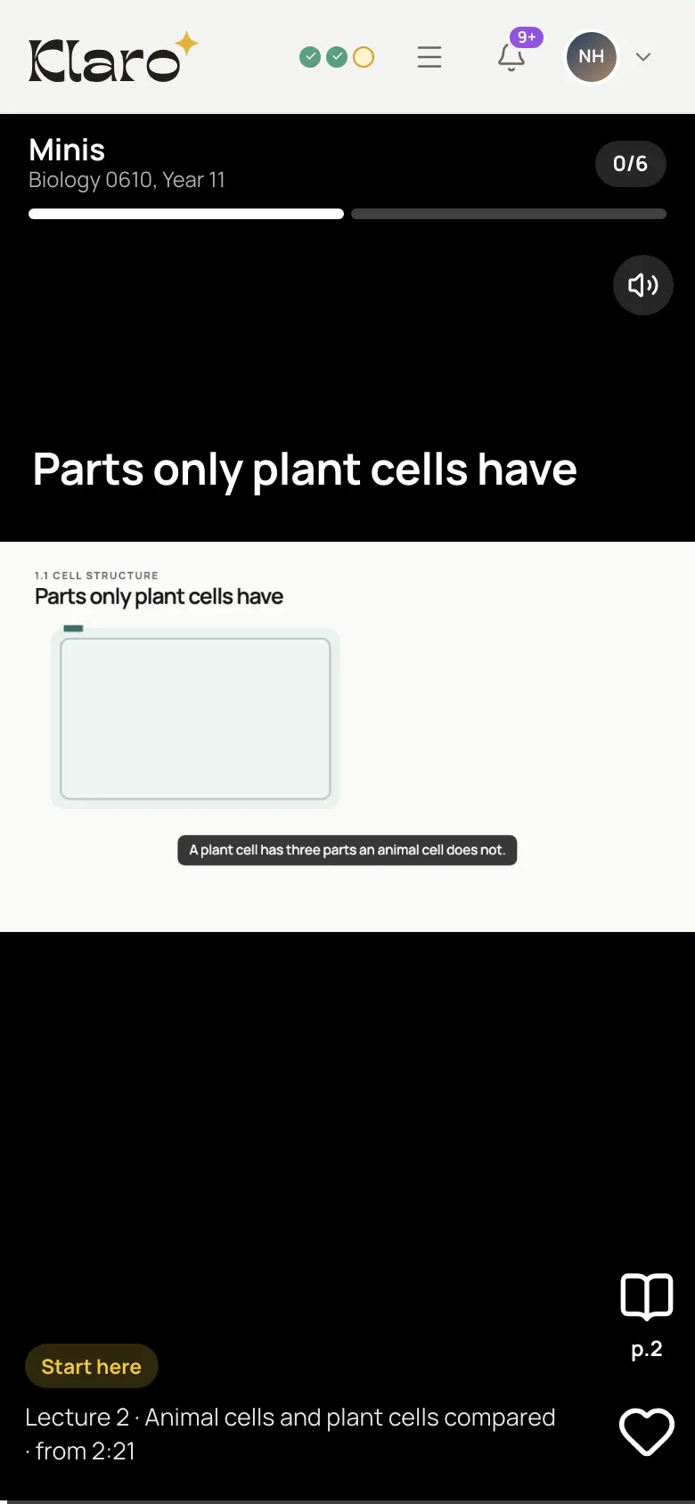 Minis in Klaro on a phone, on a sample Biology course: a moment of the tutor's lecture playing in the feed